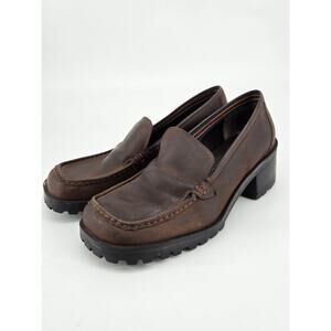 VTG 90s Y2K Tommy Hilfiger Brown Leather Lug Chunky Heel Platform Shoe Sz 7.5